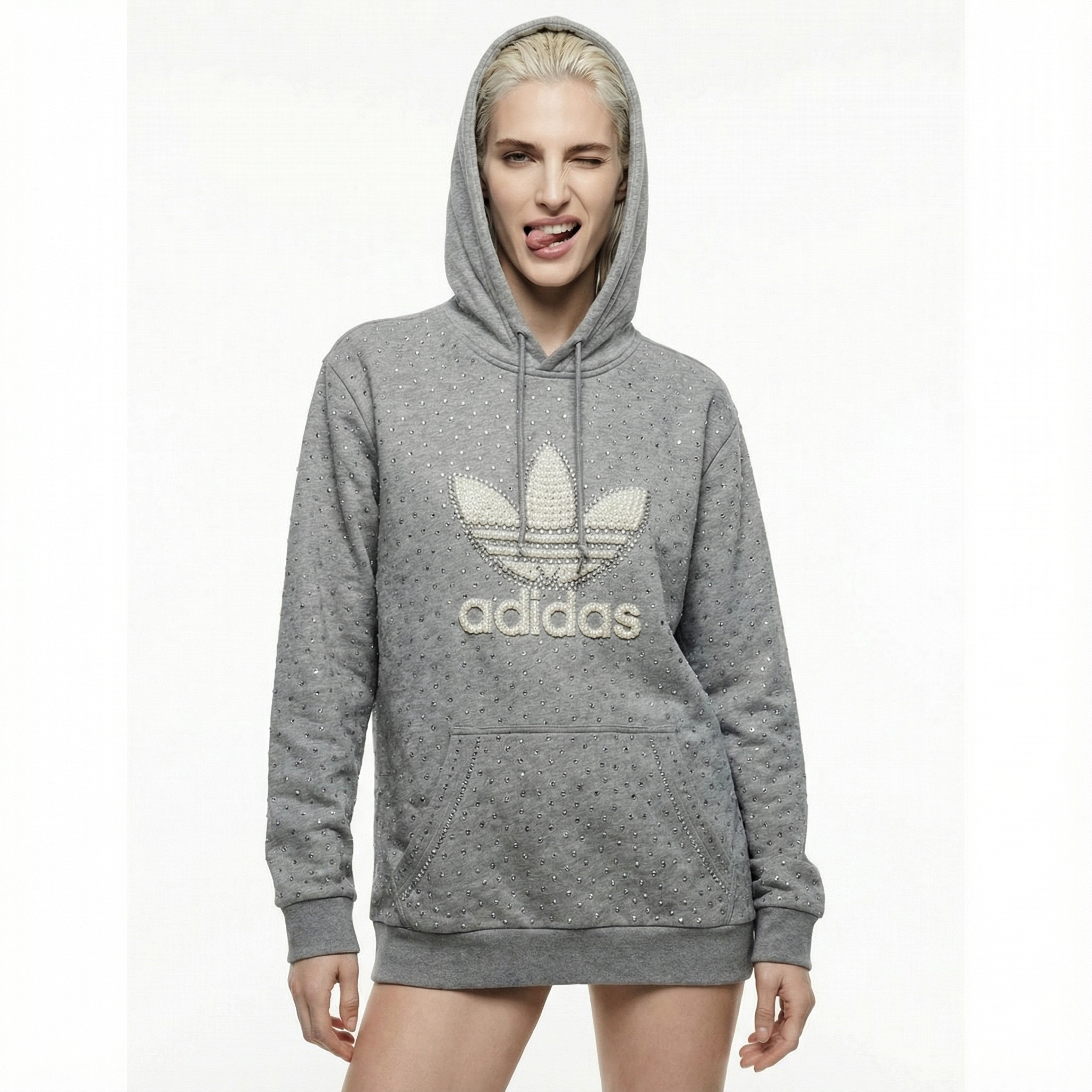 XS Grey Adidas Hoodie Pearls & Swarovski
