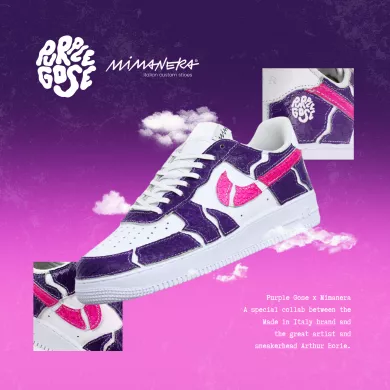 La collaboration de sneaker entre Mimanera et l'artiste et le sneakerhead Purple Gose.