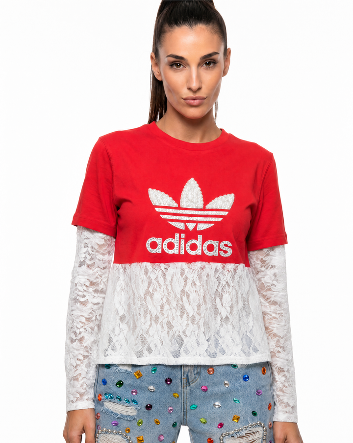 Adidas T-shirt Red Lace White