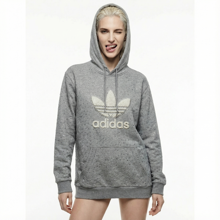 Grauer Adidas Kapuzenpullover Perlen & Swarovski