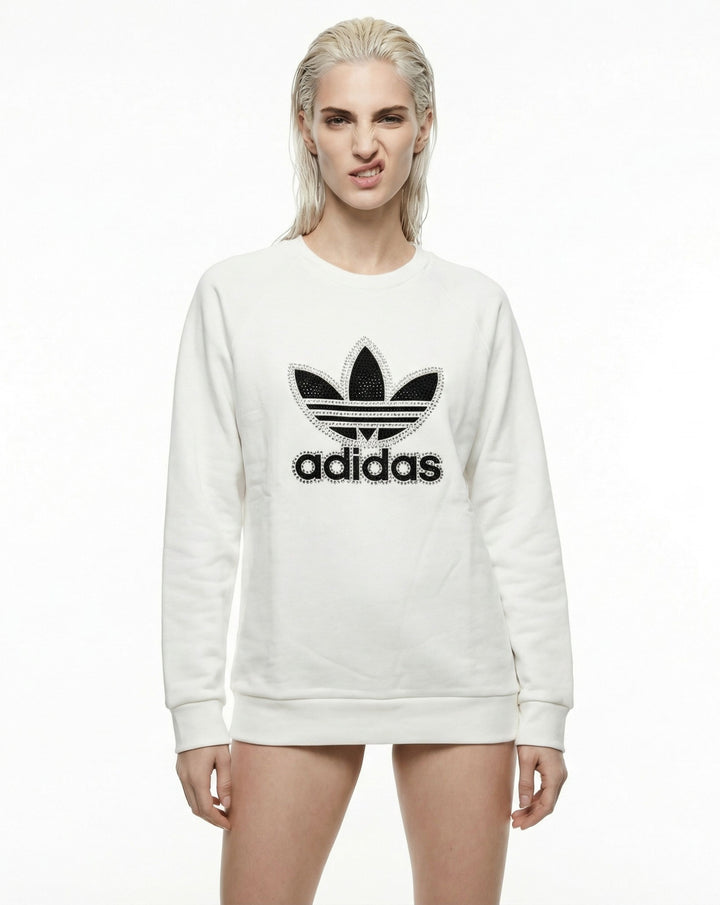 White Adidas Crewneck Sweatshirt with Swarovski Crystals