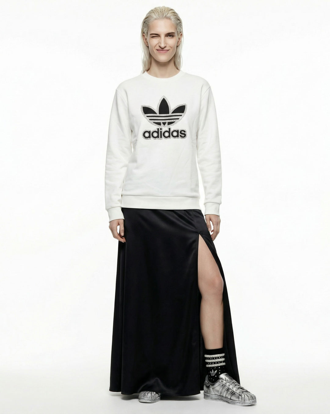 White Adidas Crewneck Sweatshirt with Swarovski Crystals
