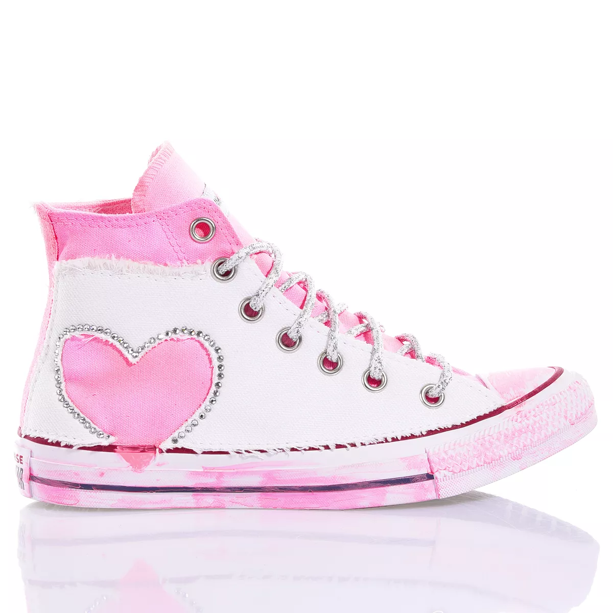 Converse Denim Pink Heart Chuck Taylor High Top Painted, Special, Swarovski